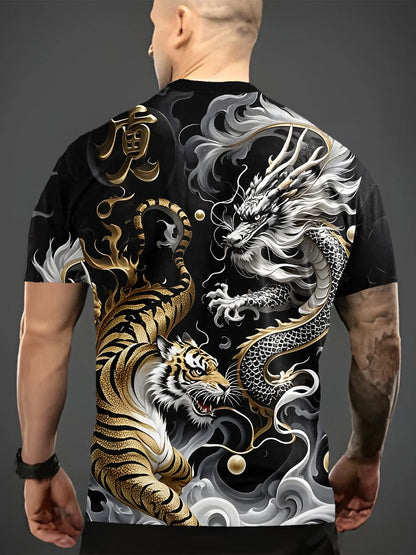 T-shirt gráfica de verão para homem S com design de duelo entre dragão e tigre, manga curta casual, moda 2025, gola redonda