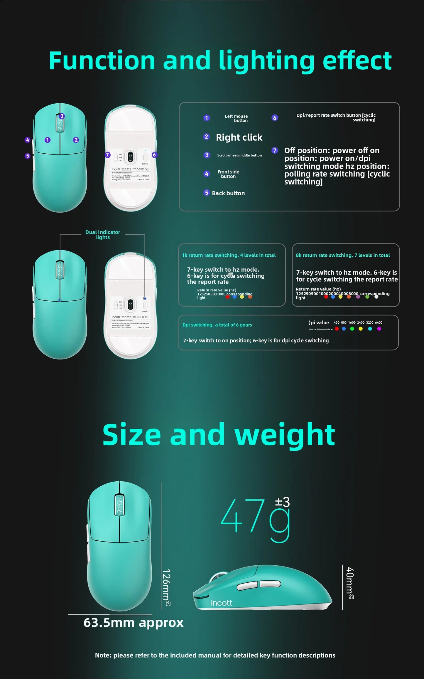 Incott G23 V2 Wireless Gaming Mouse PAW3395, 47g Lightweight Gaming Mouse, 3-Mode Bluetooth & 2.4GHz, 8000Hz Polling Rate, Ultra-Low Latency Esports Mouse
