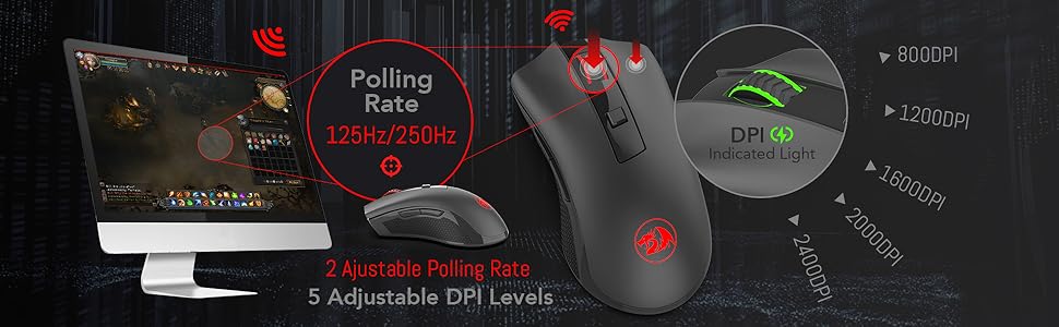 Redragon M652 optički 2.4G bežični miš s USB prijamnikom, prijenosni miš za gaming i ured, 5 podesivih razina DPI-ja