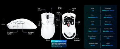 ATTACK SHARK R1 Superlight Wireless Gaming Mouse, 59g Ultra-Light Mouse with PixArt PAW3311 Sensor, 18000 DPI, Tri-Mode Bluetooth & 2.4GHz, 65H Battery