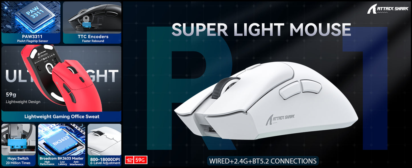ATTACK SHARK R1 Superlight Wireless Gaming Mouse, 59g Ultra-Light Mouse with PixArt PAW3311 Sensor, 18000 DPI, Tri-Mode Bluetooth & 2.4GHz, 65H Battery