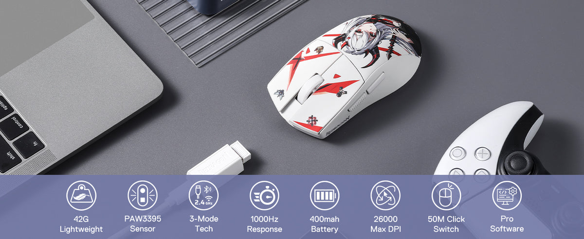 Redragon M916AK PRO 3-Mode Ultra-Light Wireless Gaming Mouse, 26K DPI Anime Gaming Mouse with PixArt 3395 Sensor, Programmable RGB Gaming Mouse