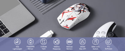 Redragon M916AK PRO 3-Mode Ultra-Light Wireless Gaming Mouse, 26K DPI Anime Gaming Mouse with PixArt 3395 Sensor, Programmable RGB Gaming Mouse