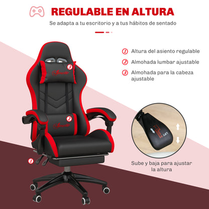 Vinsetto Ergonomic Reclining Gaming Chair 135 ° , Pu Leather Racing Gamer Chair with Lumbar Support, Adjustable Height, Headrest and Retractable Footrest, for Office, Study, Black and Red